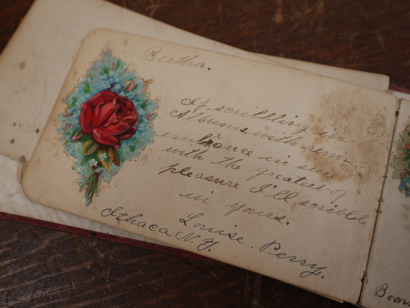 Lot 137 - Antique Victorian Autograph Album Containing A Lock Of Hair, Light Red With Leaves, Rectangles On Cover, Circa 1880s