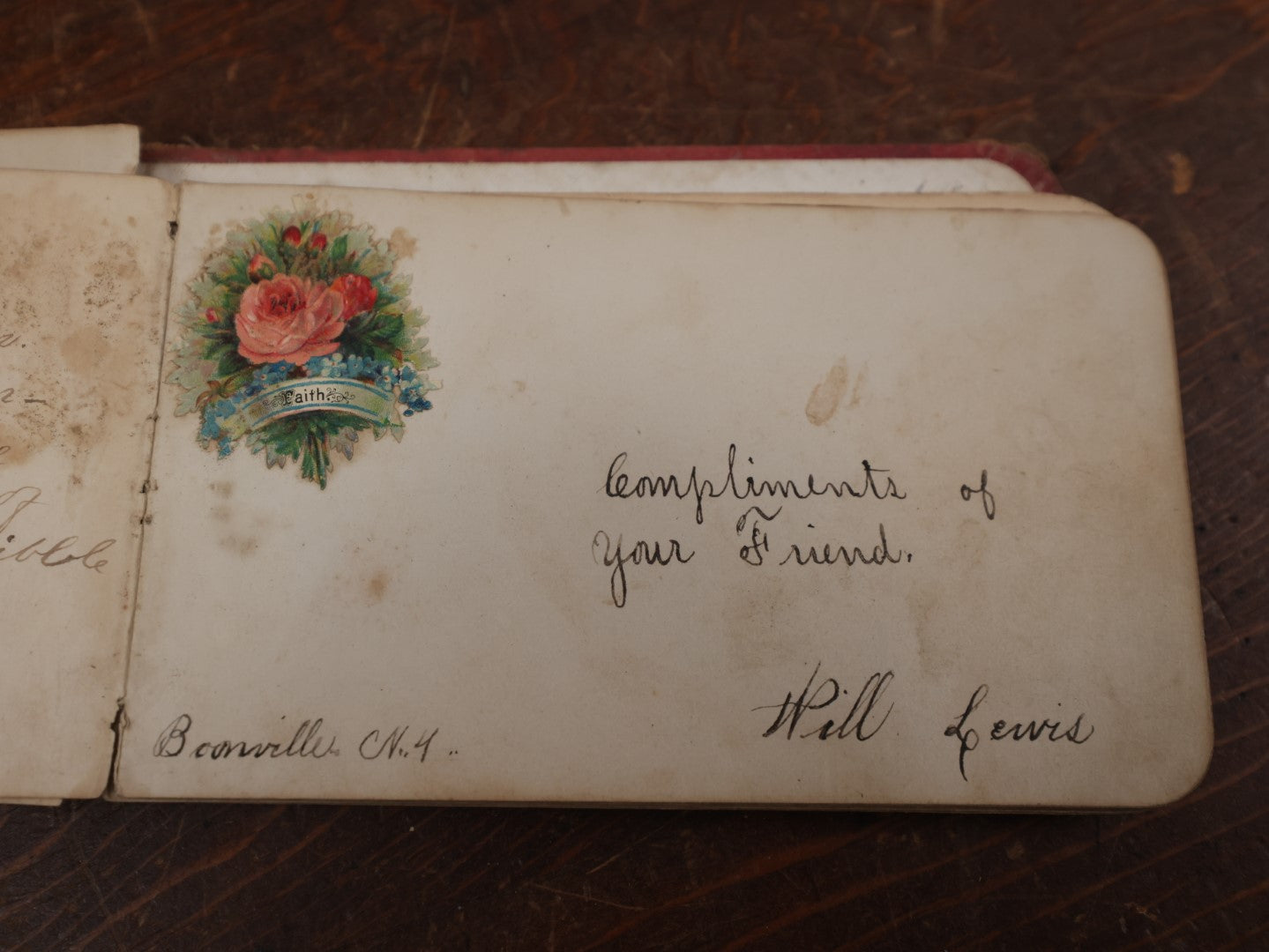 Lot 137 - Antique Victorian Autograph Album Containing A Lock Of Hair, Light Red With Leaves, Rectangles On Cover, Circa 1880s