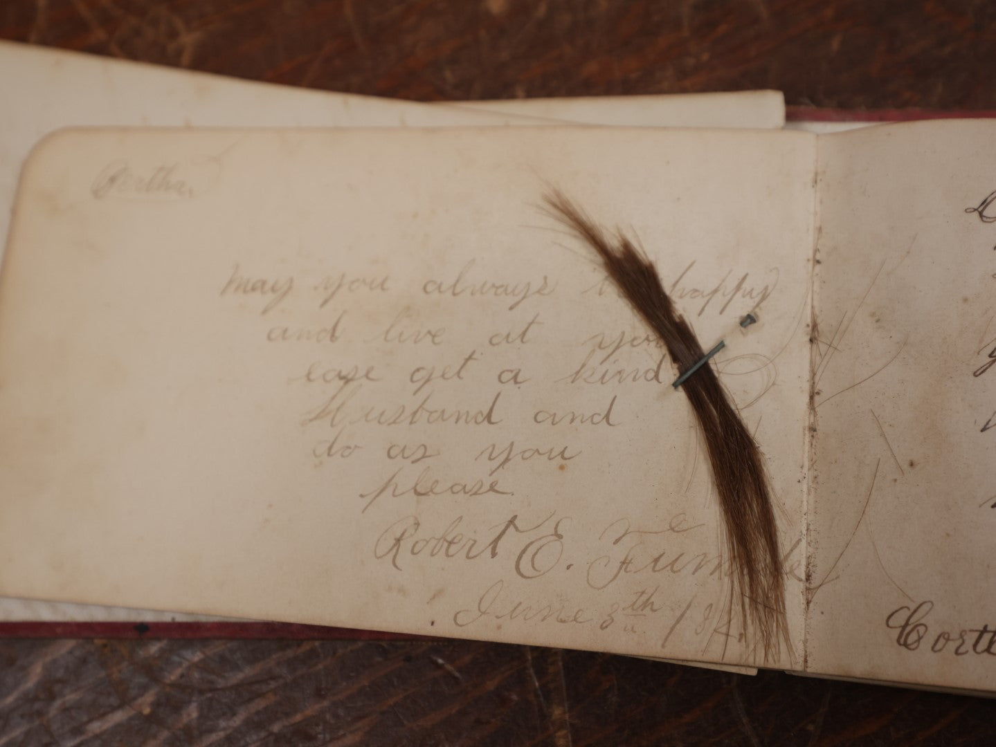 Lot 137 - Antique Victorian Autograph Album Containing A Lock Of Hair, Light Red With Leaves, Rectangles On Cover, Circa 1880s