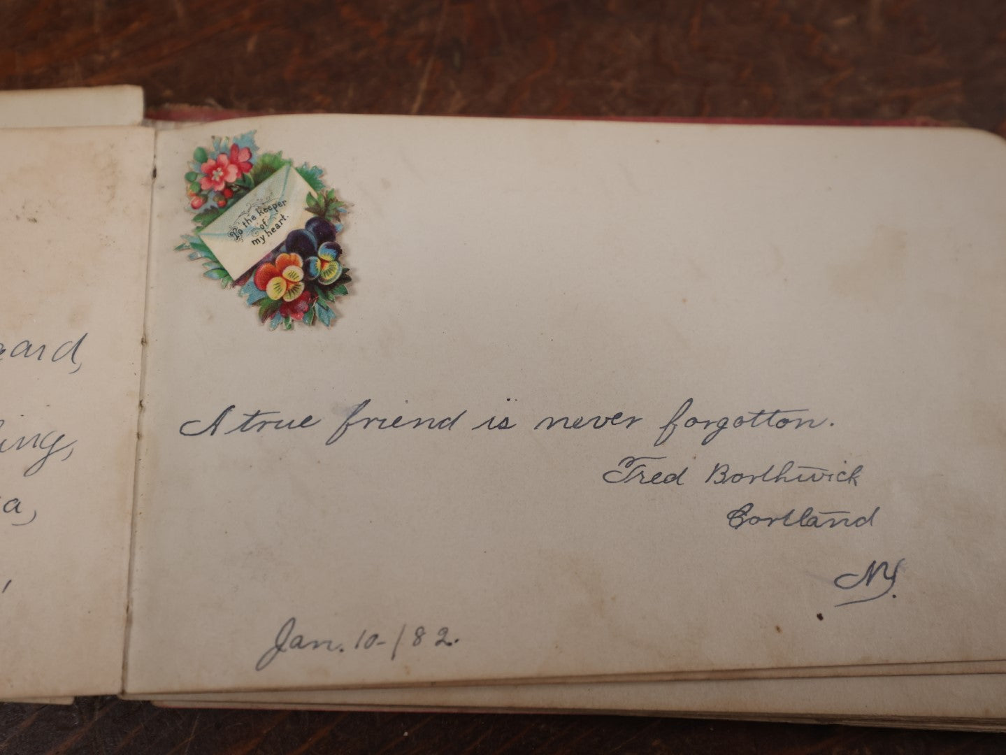 Lot 137 - Antique Victorian Autograph Album Containing A Lock Of Hair, Light Red With Leaves, Rectangles On Cover, Circa 1880s