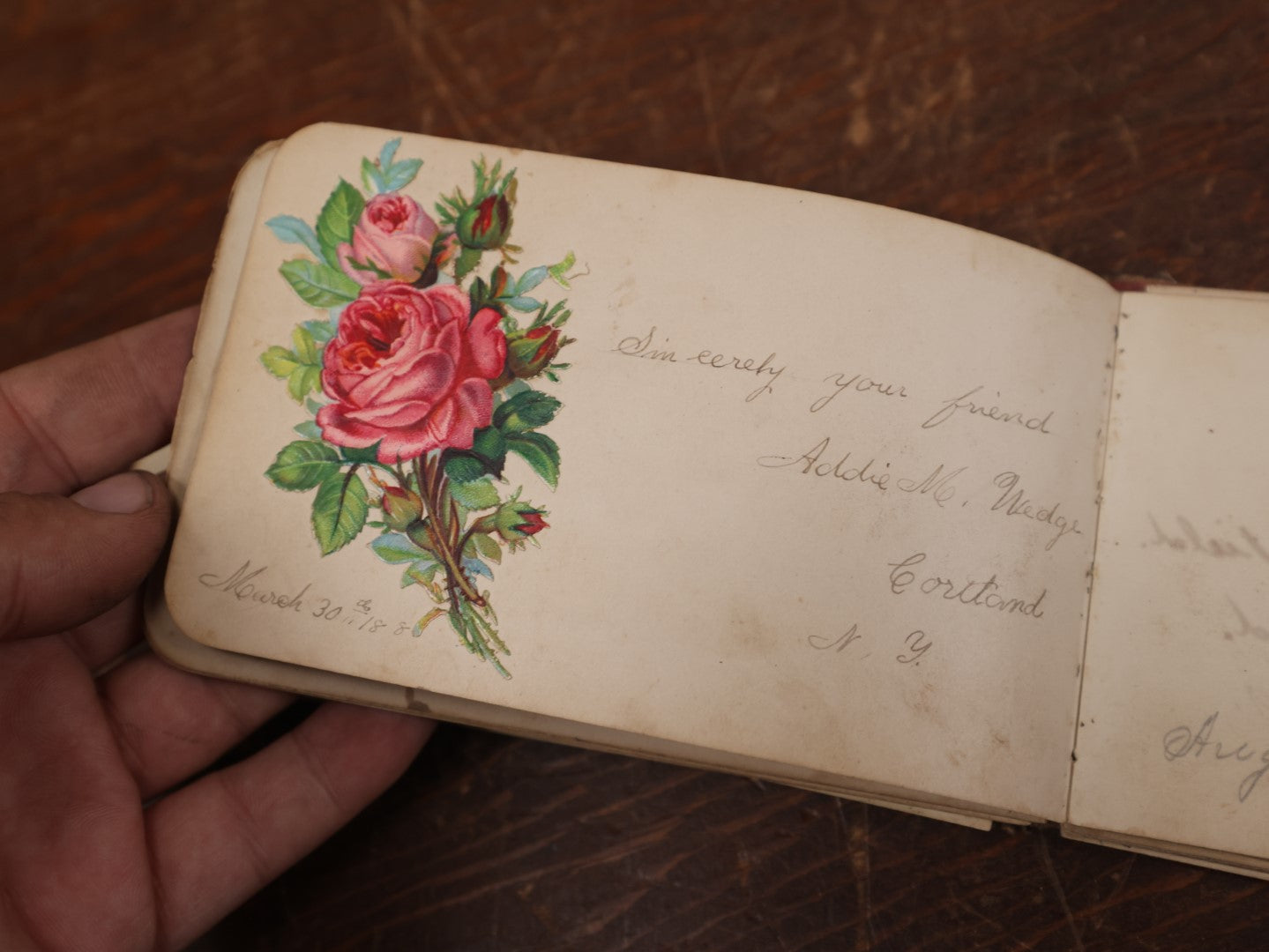 Lot 137 - Antique Victorian Autograph Album Containing A Lock Of Hair, Light Red With Leaves, Rectangles On Cover, Circa 1880s