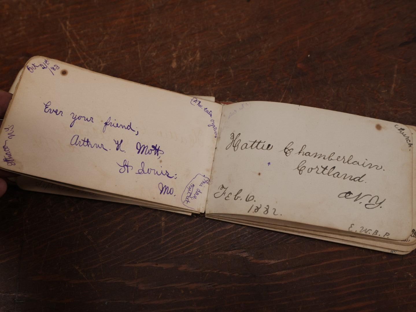 Lot 137 - Antique Victorian Autograph Album Containing A Lock Of Hair, Light Red With Leaves, Rectangles On Cover, Circa 1880s