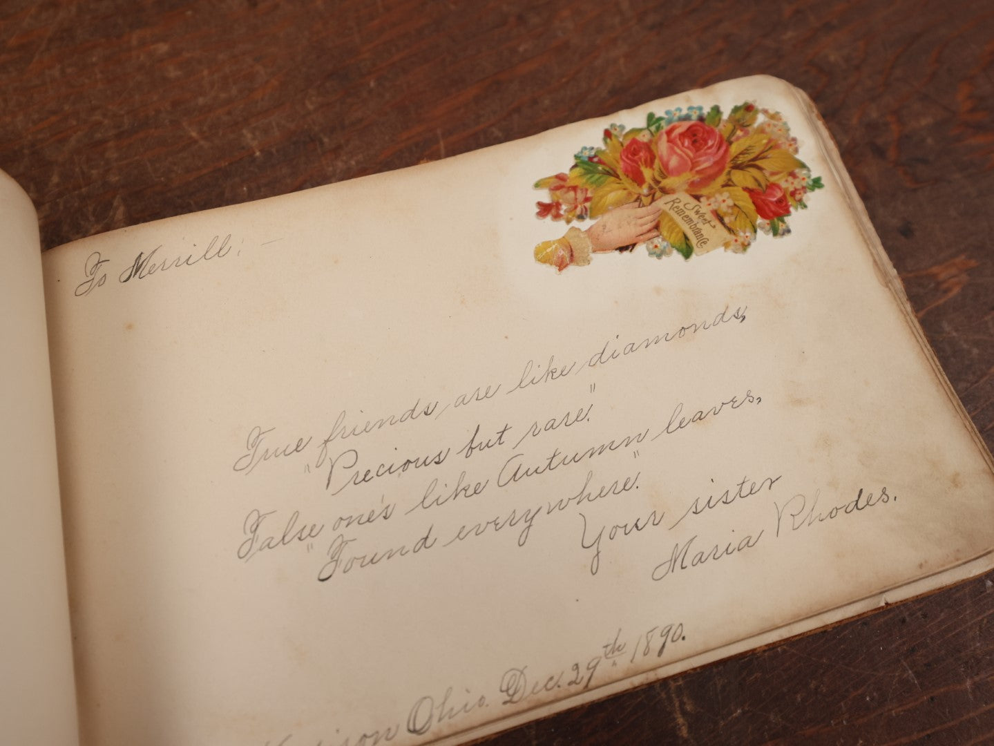 Lot 138 - Antique Victorian Autograph Album, Light Brown Leather Cover With Embossed Flowers, Contains Doodles, Circa 1880s