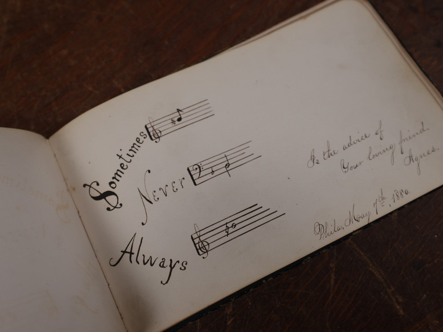 Lot 139 - Antique Victorian Autograph Album, Blue Cover With Green Leaves, Contains Two Incredible Pen And Ink Drawings Signed Kohler, Music Notes, Circa 1880s