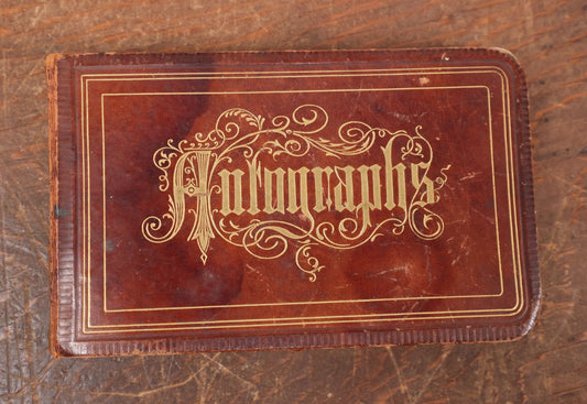 Lot 140 - Antique Victorian Autograph Album, Brown Leather With Gold Autographs Lettering, Contains Colorful Calligraphy, Bird Drawing, Circa 1880s