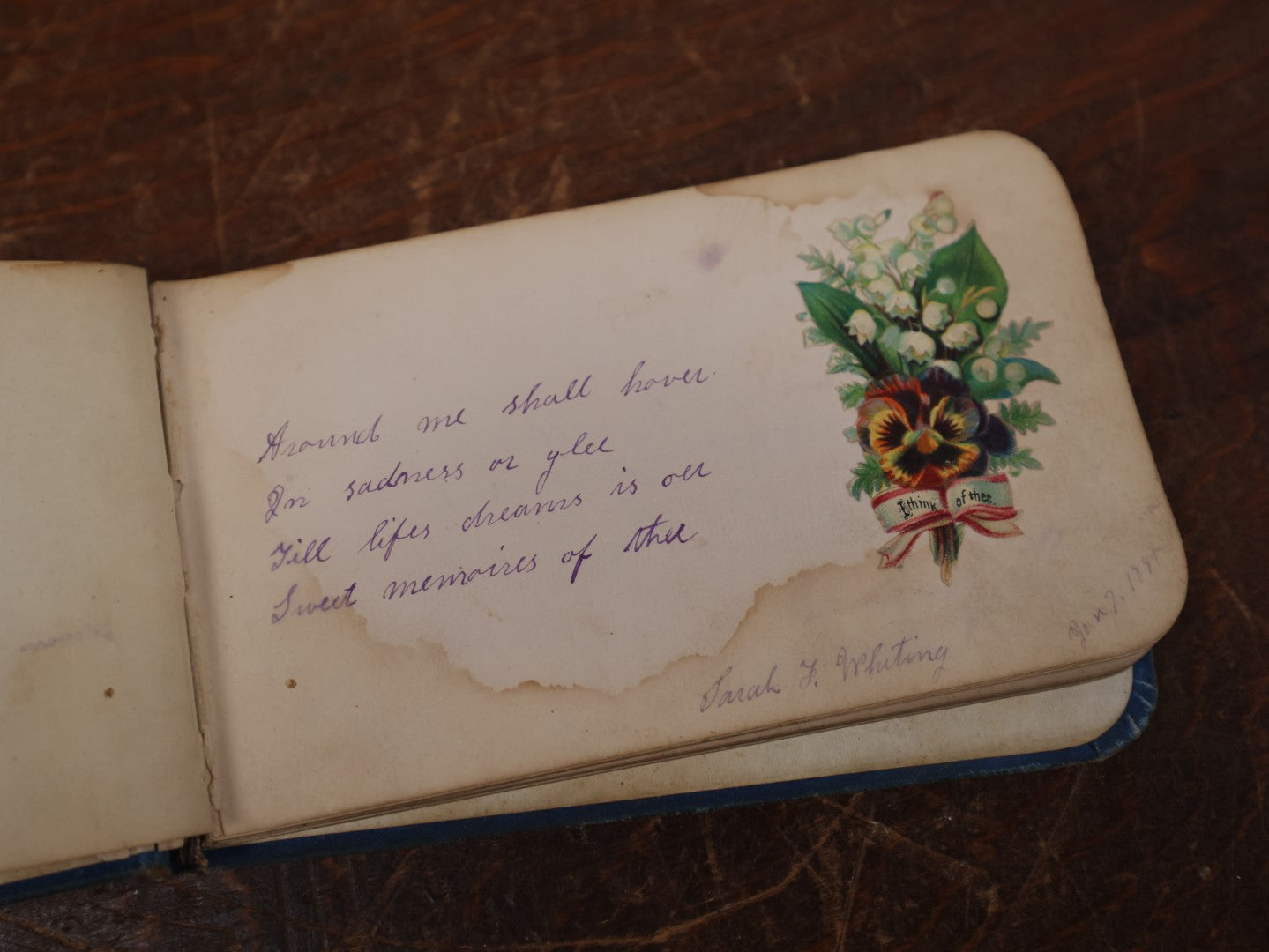 Lot 141 - Antique Victorian Autograph Album, Blue Cover With Red Hand Fan, Circa 1880s