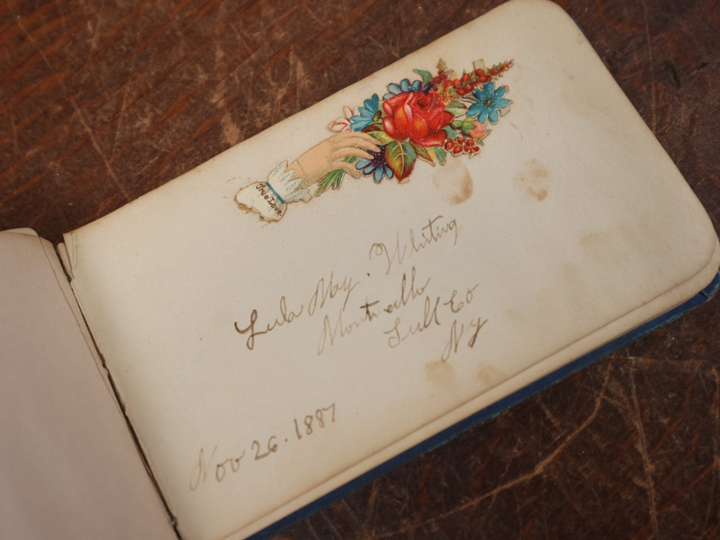 Lot 141 - Antique Victorian Autograph Album, Blue Cover With Red Hand Fan, Circa 1880s