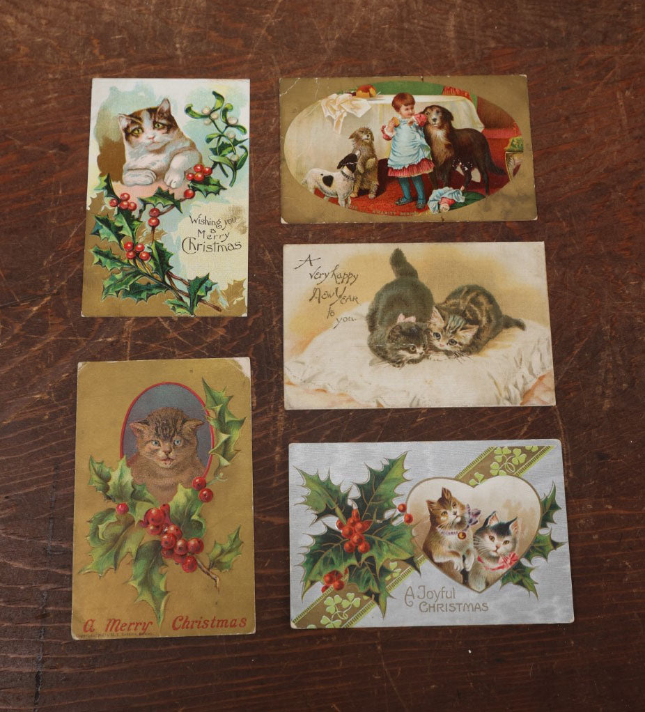 Lot 143 - Grouping Of Five Antique Cat, Kitten, And Dog Postcards, Mostly For Holidays And Christmas, Various Wear