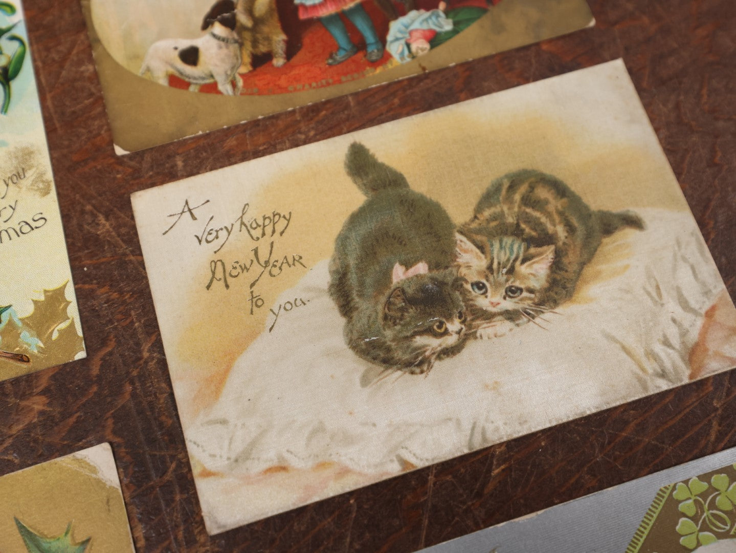 Lot 143 - Grouping Of Five Antique Cat, Kitten, And Dog Postcards, Mostly For Holidays And Christmas, Various Wear