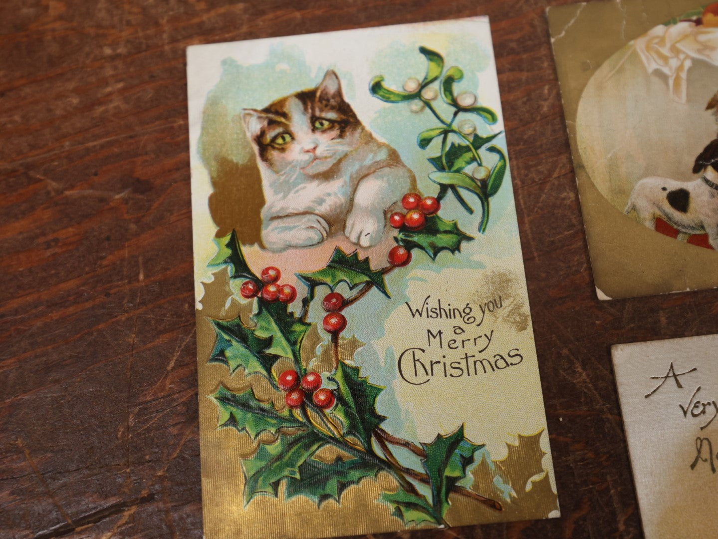 Lot 143 - Grouping Of Five Antique Cat, Kitten, And Dog Postcards, Mostly For Holidays And Christmas, Various Wear