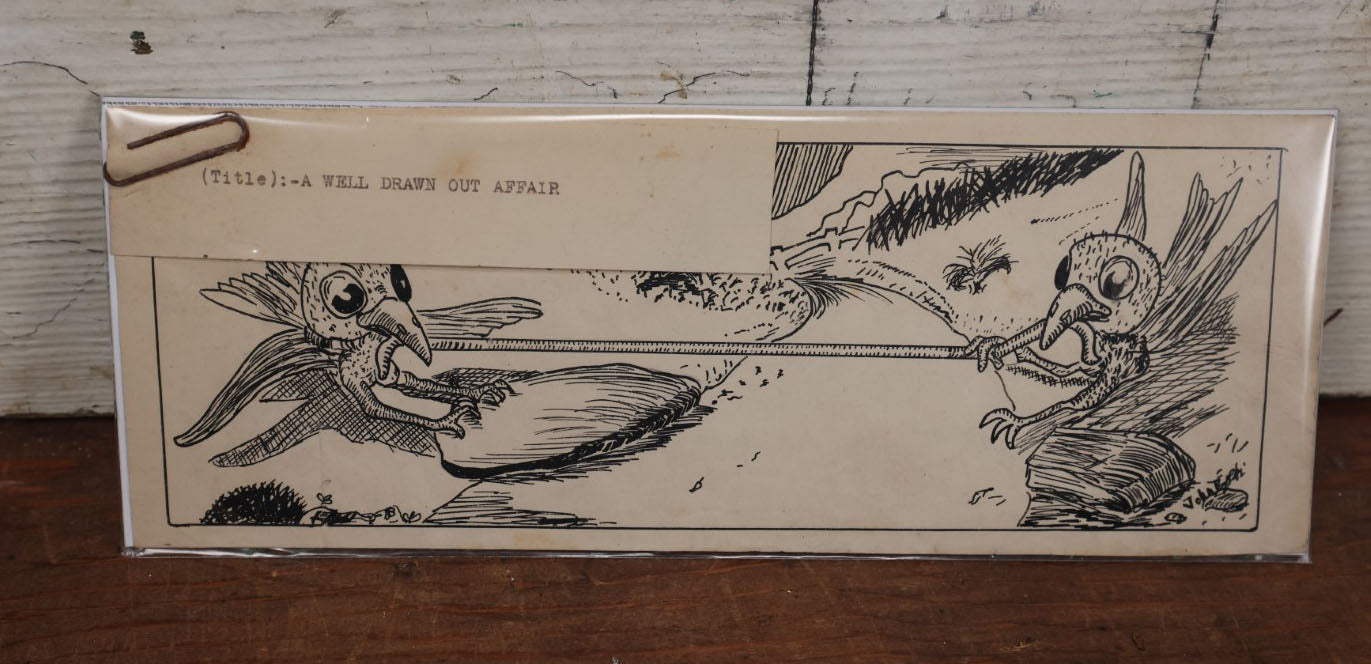 Lot 157 - Vintage Pen And Ink Comic Drawing Of Two Birds Fighting Over Worm, Titled "A Well Drawn Out Affair, " Artist Signed