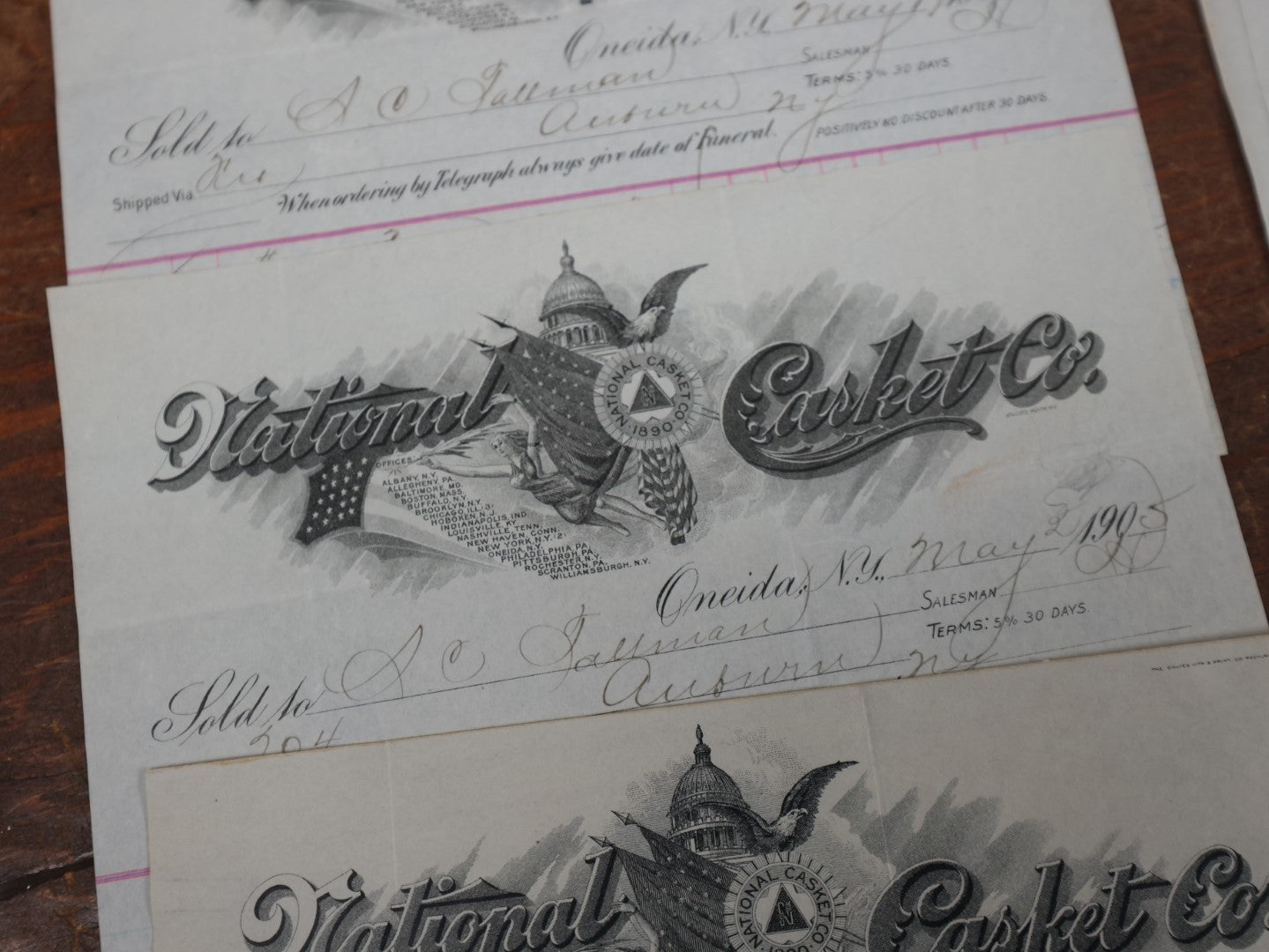 Lot 160 - Grouping Of Eleven Antique National Casket Company Billheads And Receipts, Circa 1905