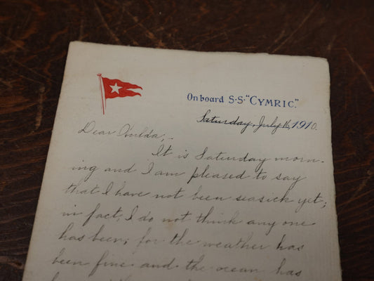 Lot 170 - Antique Letter From On Board The S.S. Cymric Ocean Liner, Dated July 16th, 1910