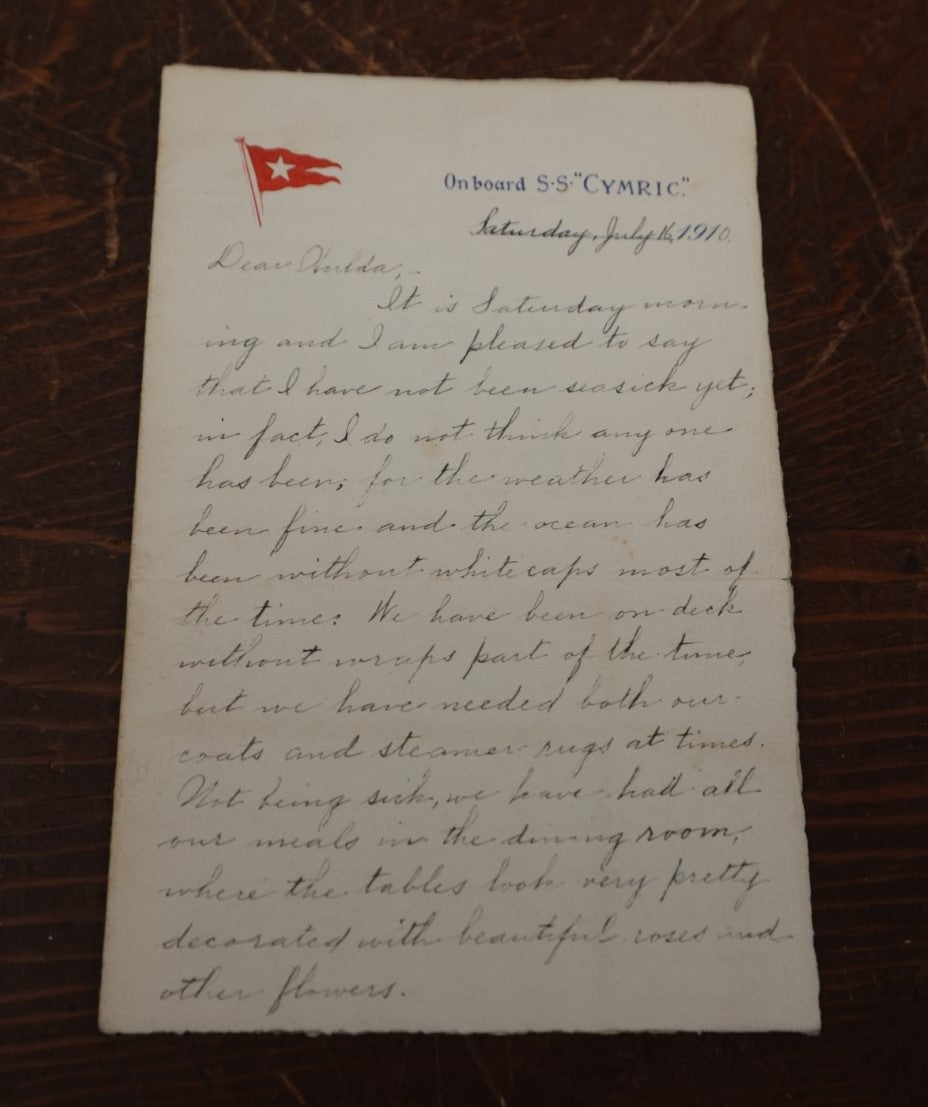 Lot 170 - Antique Letter From On Board The S.S. Cymric Ocean Liner, Dated July 16th, 1910