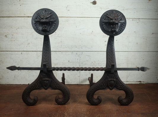 Lot 001 - Antique Cast Iron Bradley And Hubbard Dragon Face Andirons #9509  With Crossbar, Patented 1896, Pair