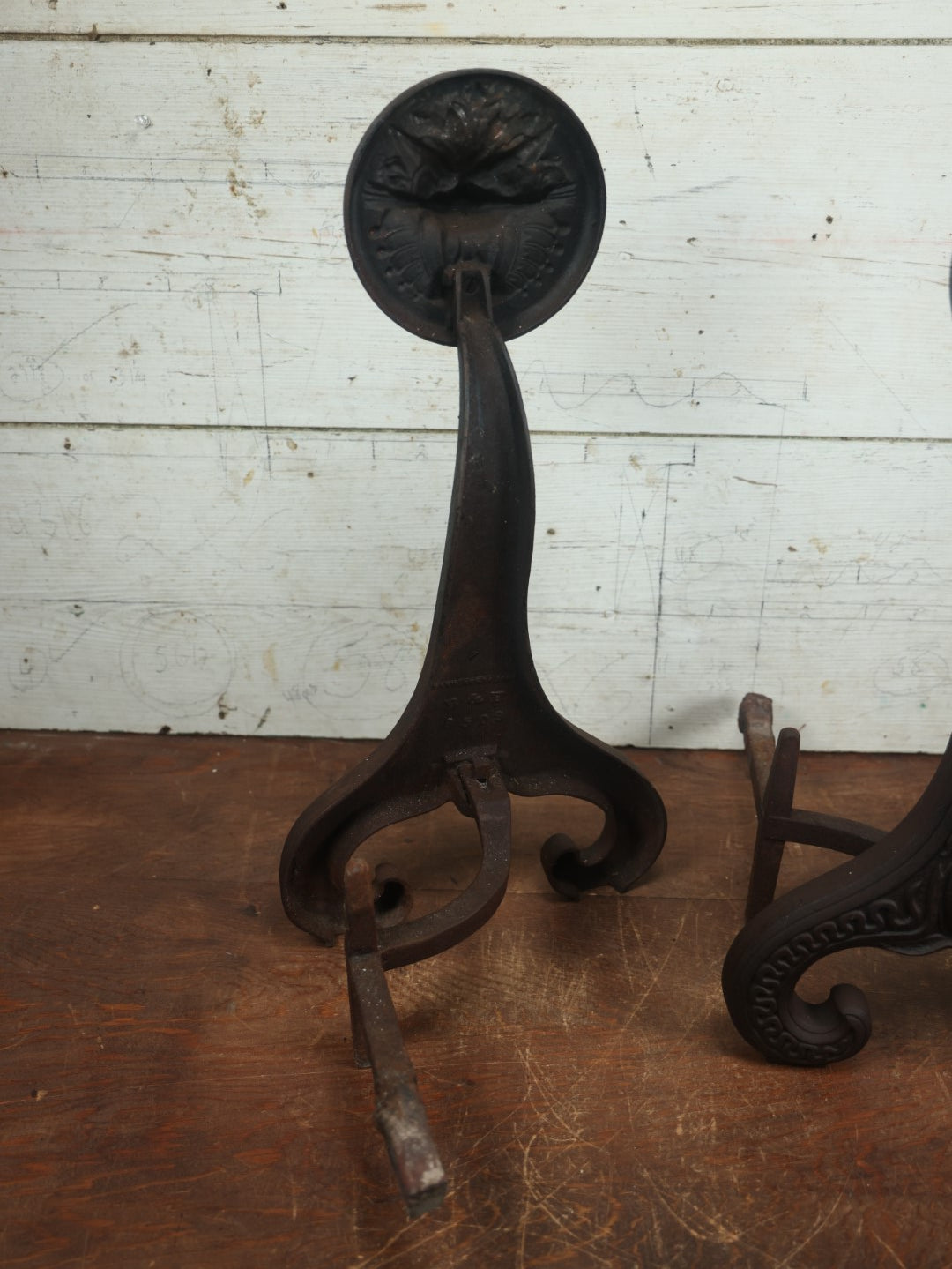 Lot 001 - Antique Cast Iron Bradley And Hubbard Dragon Face Andirons #9509  With Crossbar, Patented 1896, Pair