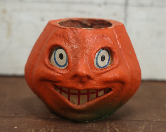 Lot 002 - Vintage Paper Pulp / Papier Mache Halloween Jack-O-Lantern Pumpkin Candy Bucket With Toothy Smile - 5" Tall