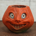 Lot 002 - Vintage Paper Pulp / Papier Mache Halloween Jack-O-Lantern Pumpkin Candy Bucket With Toothy Smile - 5" Tall