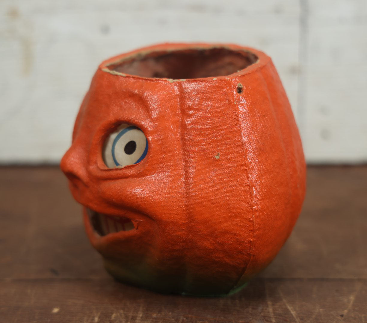 Lot 002 - Vintage Paper Pulp / Papier Mache Halloween Jack-O-Lantern Pumpkin Candy Bucket With Toothy Smile - 5" Tall