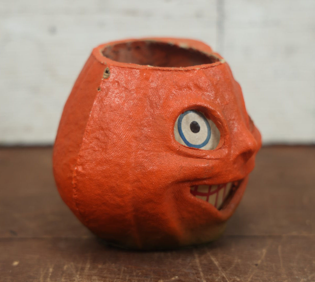 Lot 002 - Vintage Paper Pulp / Papier Mache Halloween Jack-O-Lantern Pumpkin Candy Bucket With Toothy Smile - 5" Tall