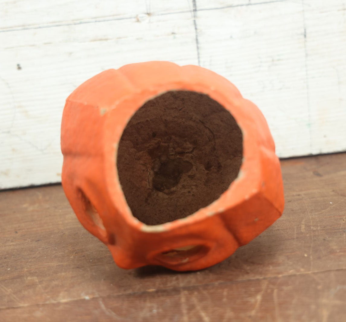 Lot 002 - Vintage Paper Pulp / Papier Mache Halloween Jack-O-Lantern Pumpkin Candy Bucket With Toothy Smile - 5" Tall