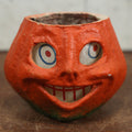 Lot 004 - Vintage Paper Pulp / Papier Mache Halloween Jack-O-Lantern Pumpkin Candy Bucket With Toothy Smile, Looking Up And Off - 5.75" Tall