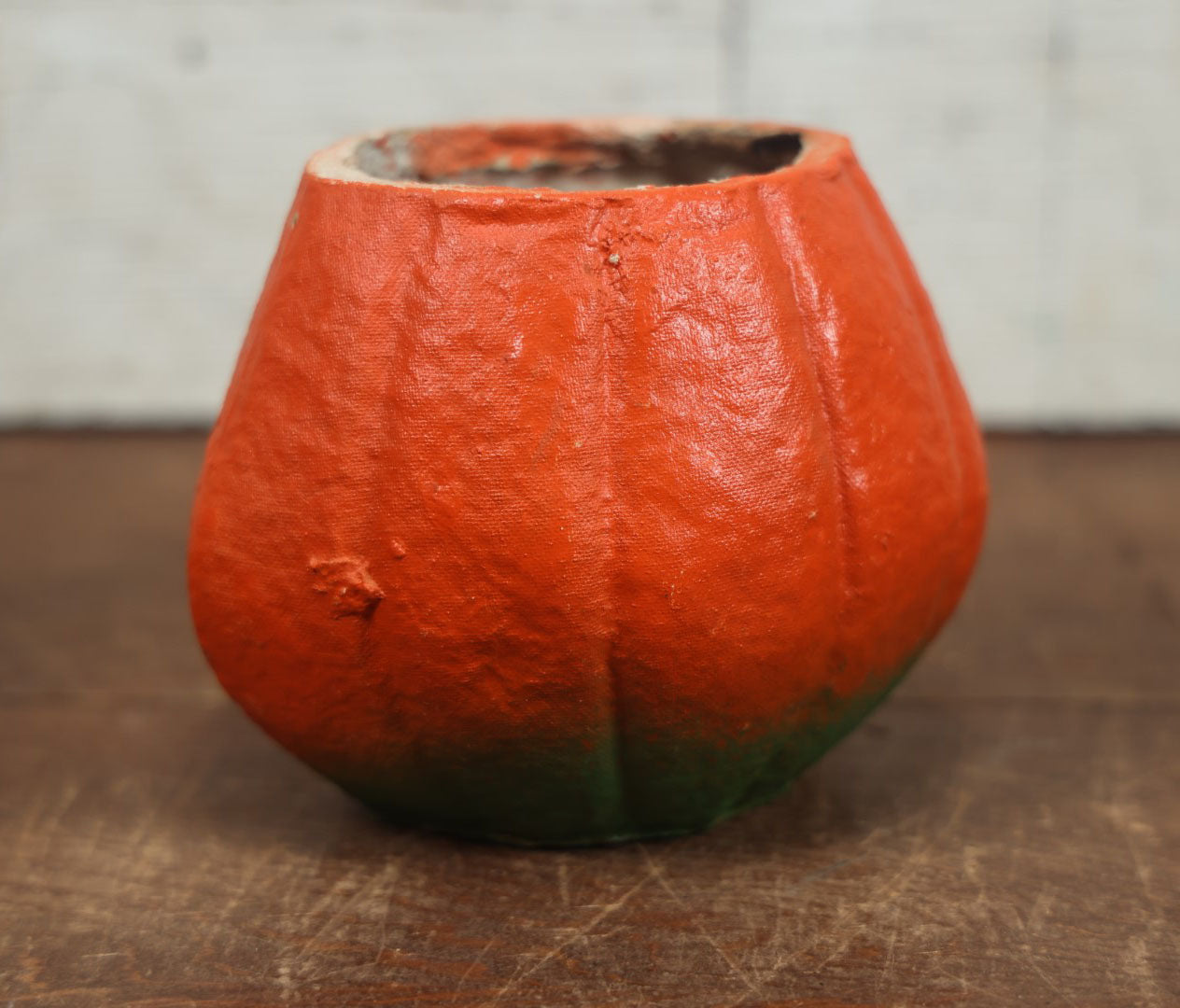 Lot 004 - Vintage Paper Pulp / Papier Mache Halloween Jack-O-Lantern Pumpkin Candy Bucket With Toothy Smile, Looking Up And Off - 5.75" Tall