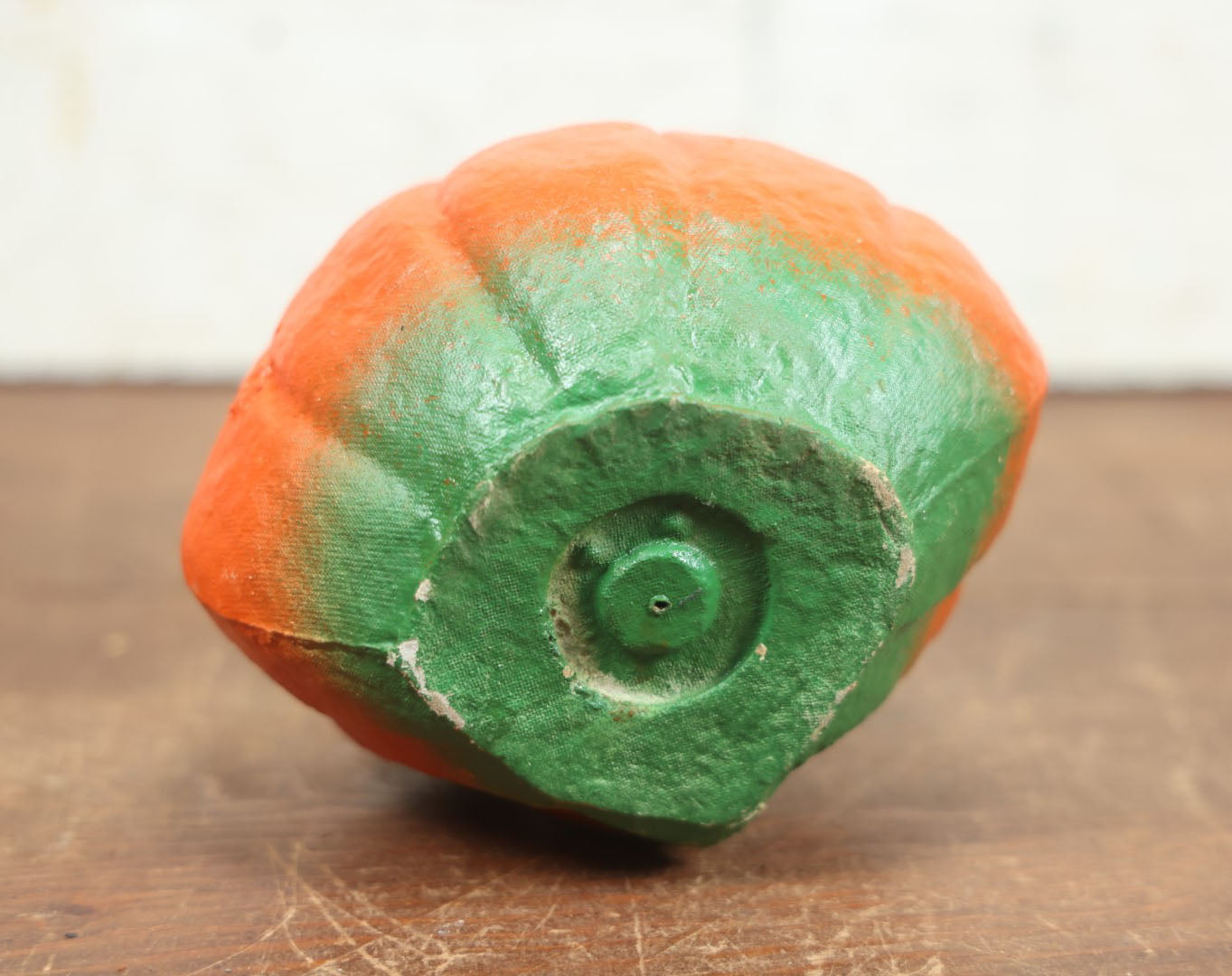 Lot 004 - Vintage Paper Pulp / Papier Mache Halloween Jack-O-Lantern Pumpkin Candy Bucket With Toothy Smile, Looking Up And Off - 5.75" Tall