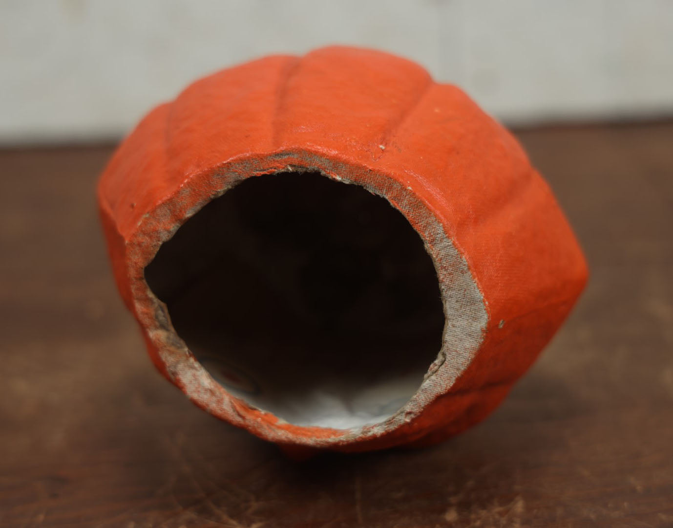 Lot 004 - Vintage Paper Pulp / Papier Mache Halloween Jack-O-Lantern Pumpkin Candy Bucket With Toothy Smile, Looking Up And Off - 5.75" Tall