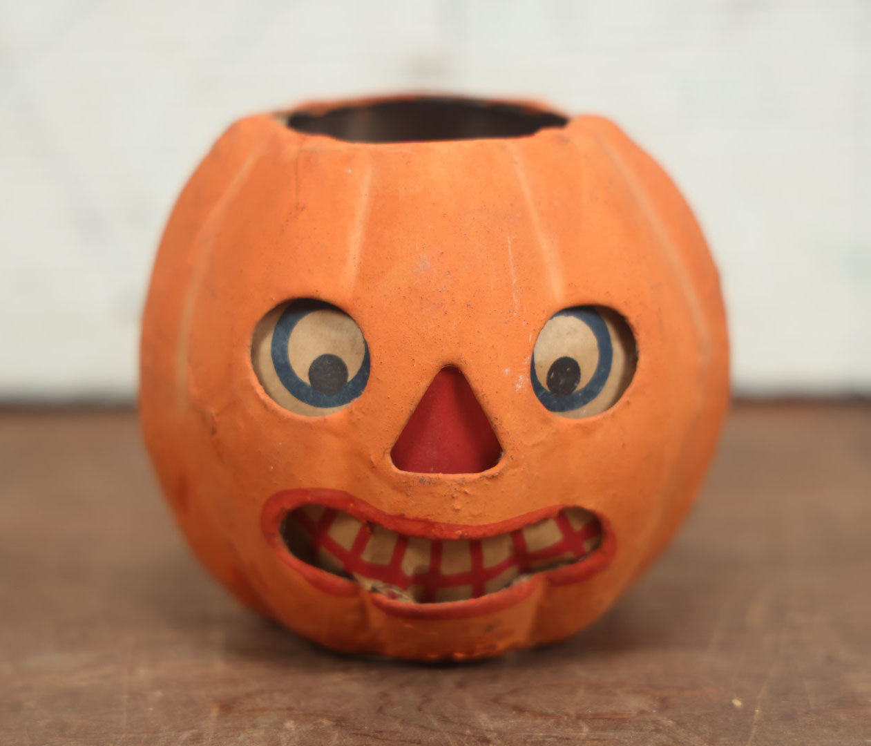 Lot 005 - Vintage Pressed Paper / Papier Mache German Halloween Jack-O-Lantern Pumpkin Candy Bucket With Worried Grin - 3.75" Tall