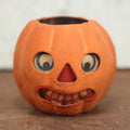 Lot 005 - Vintage Pressed Paper / Papier Mache German Halloween Jack-O-Lantern Pumpkin Candy Bucket With Worried Grin - 3.75" Tall