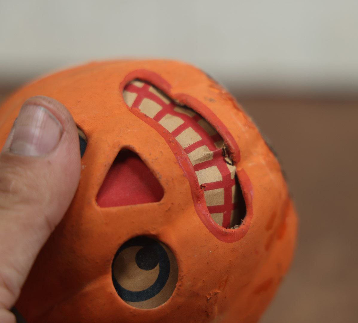 Lot 005 - Vintage Pressed Paper / Papier Mache German Halloween Jack-O-Lantern Pumpkin Candy Bucket With Worried Grin - 3.75" Tall