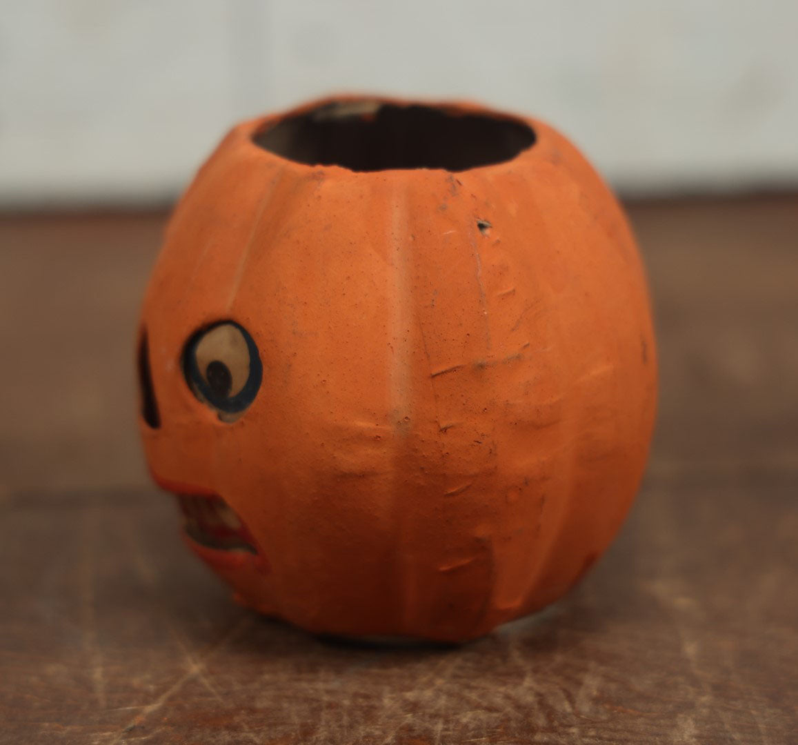 Lot 005 - Vintage Pressed Paper / Papier Mache German Halloween Jack-O-Lantern Pumpkin Candy Bucket With Worried Grin - 3.75" Tall