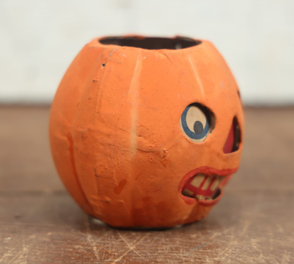 Lot 005 - Vintage Pressed Paper / Papier Mache German Halloween Jack-O-Lantern Pumpkin Candy Bucket With Worried Grin - 3.75" Tall