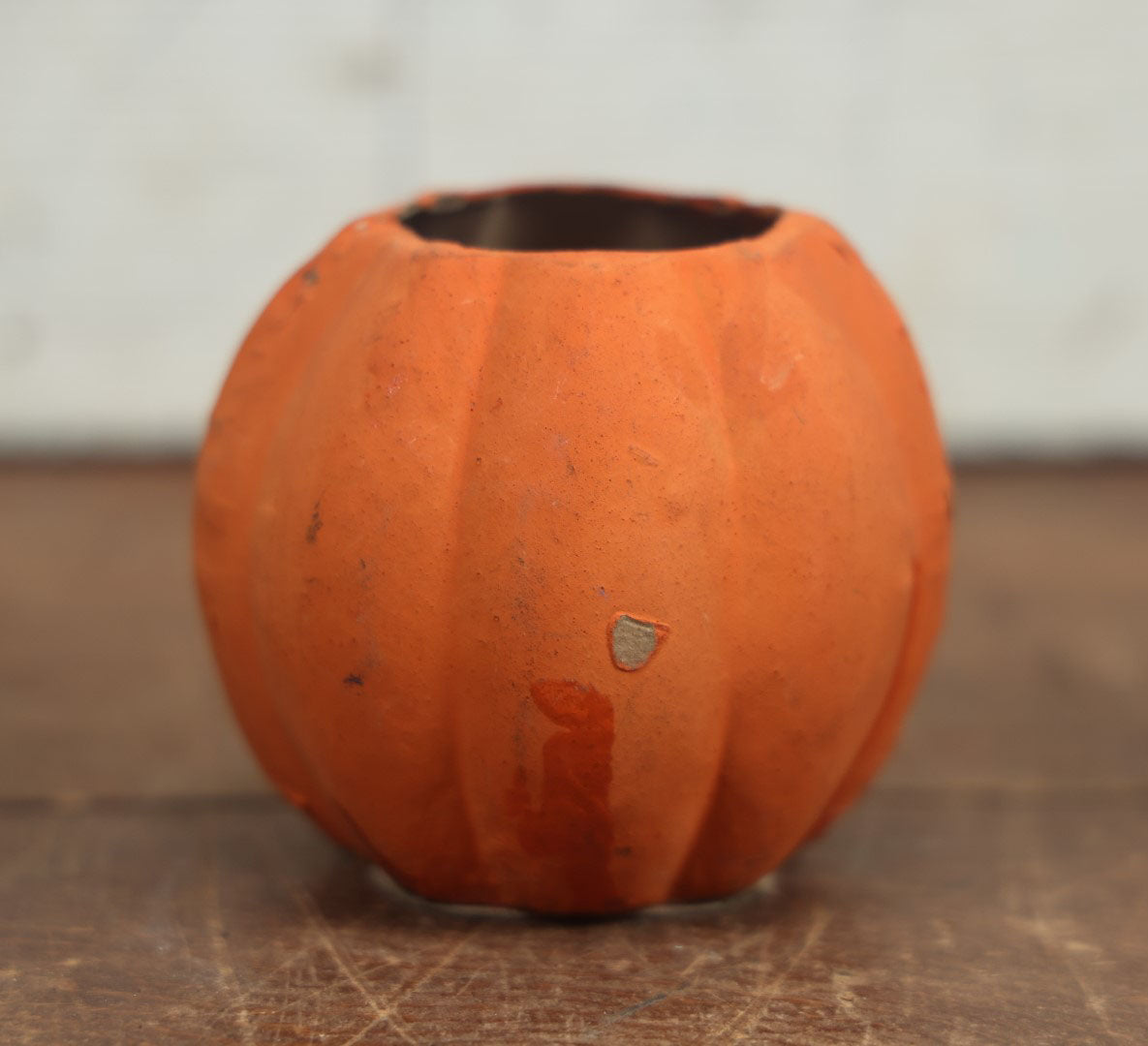 Lot 005 - Vintage Pressed Paper / Papier Mache German Halloween Jack-O-Lantern Pumpkin Candy Bucket With Worried Grin - 3.75" Tall