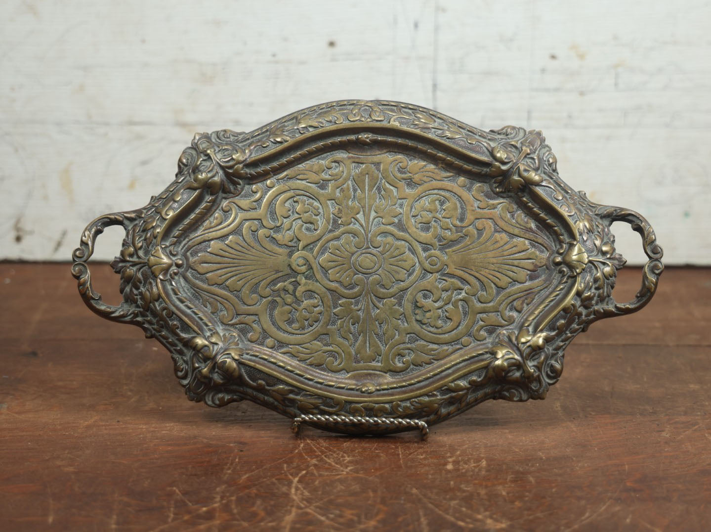 Lot 008 - Antique Ornate Cast Metal Tray With Handles And Green Man Faces On Corners