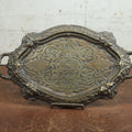 Lot 008 - Antique Ornate Cast Metal Tray With Handles And Green Man Faces On Corners