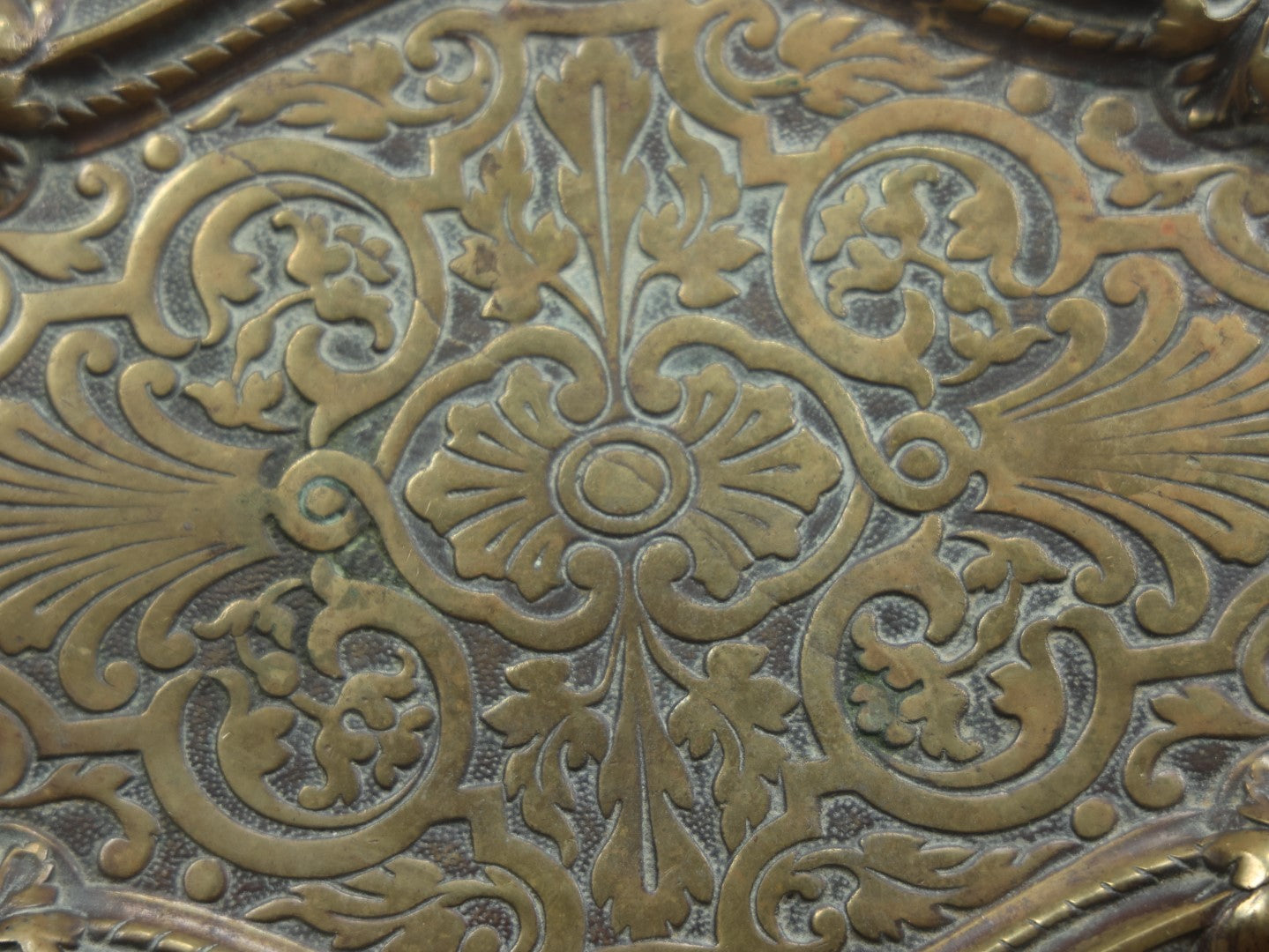 Lot 008 - Antique Ornate Cast Metal Tray With Handles And Green Man Faces On Corners