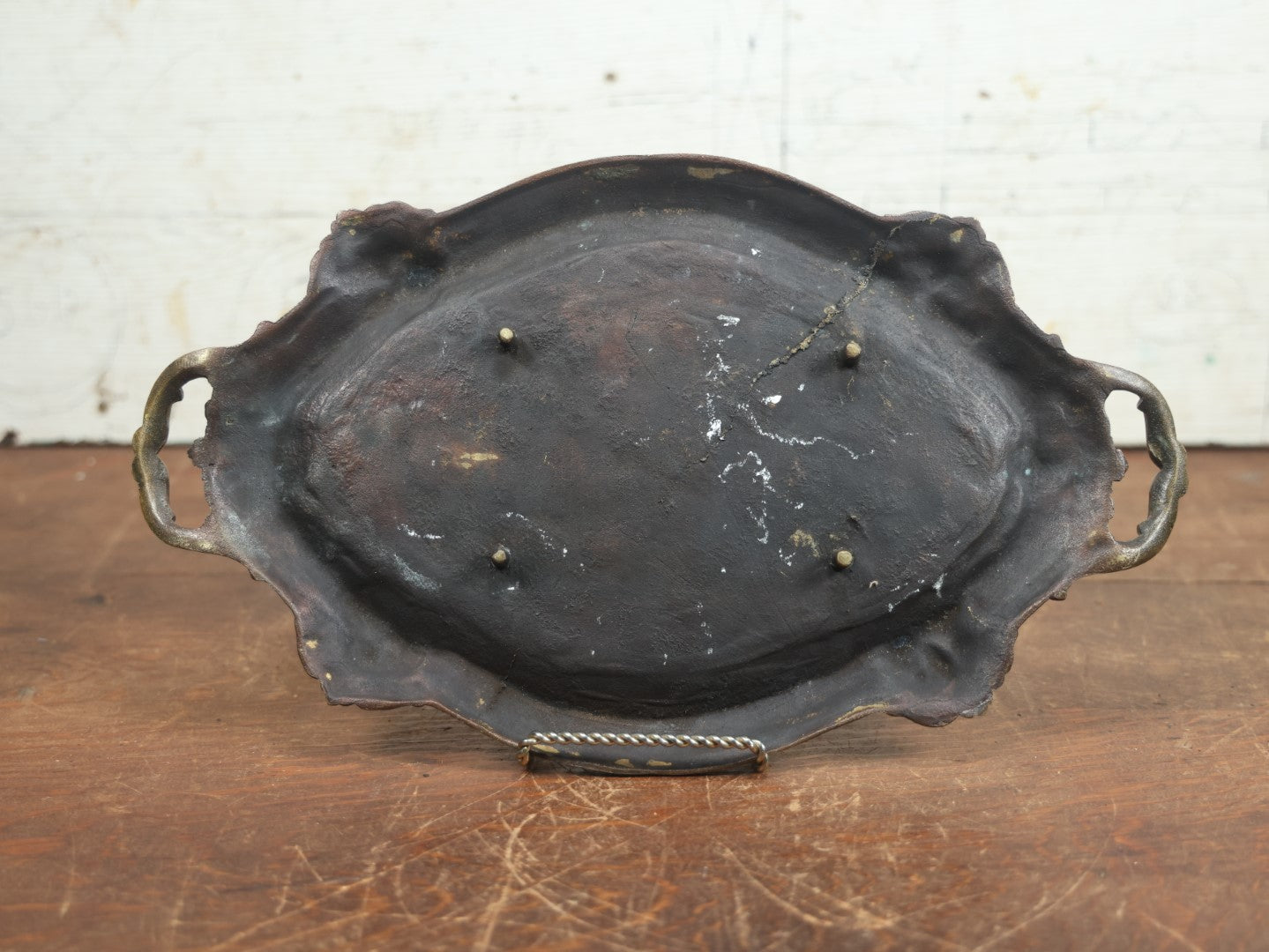 Lot 008 - Antique Ornate Cast Metal Tray With Handles And Green Man Faces On Corners