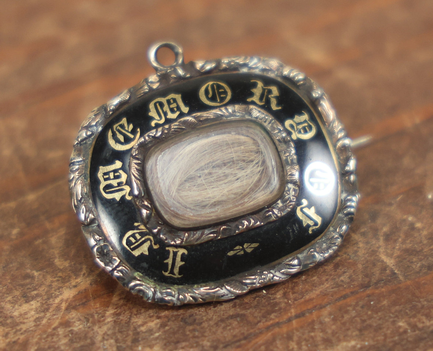 Lot 009 - Antique Victorian Mourning Brooch, "In Memory Of," With Human Hair Keepsake Memento Mori, Photograph Of Deceased On Back, Monogram Mark