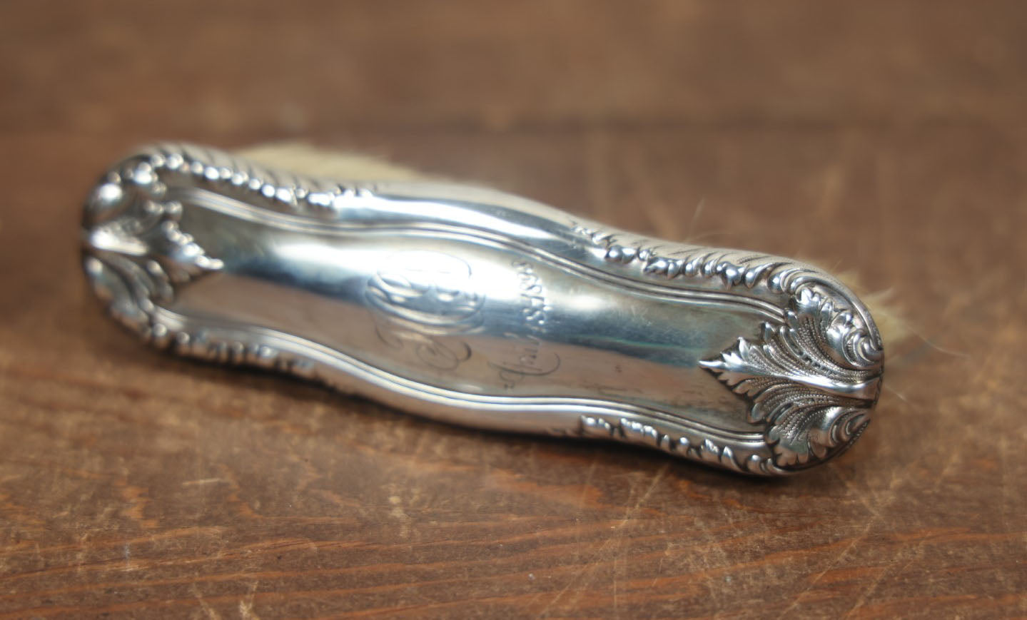 Lot 010 - Antique Sterling Silver Monogrammed Dresser Brush, Dated April 18, 1898, Marked Sterling, Patent