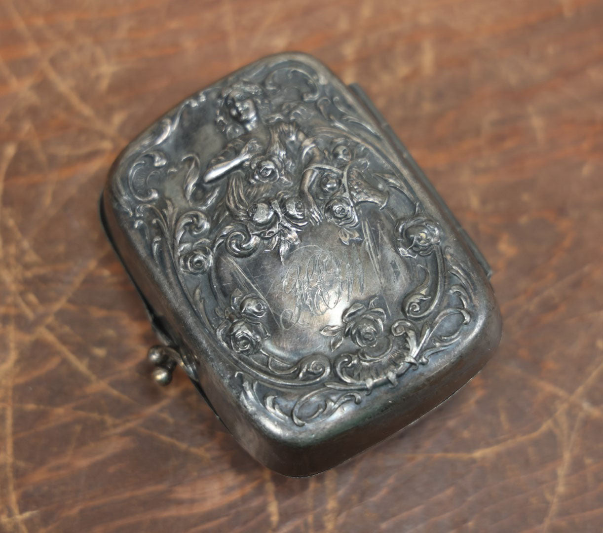 Lot 011 - Antique Art Nouveau Silverplate Soap Box Carrying Case With Beautiful Woman Surrounded By Roses, Monogrammed