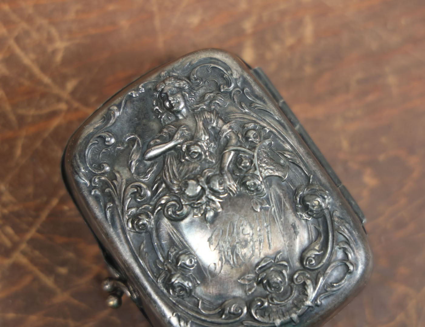 Lot 011 - Antique Art Nouveau Silverplate Soap Box Carrying Case With Beautiful Woman Surrounded By Roses, Monogrammed