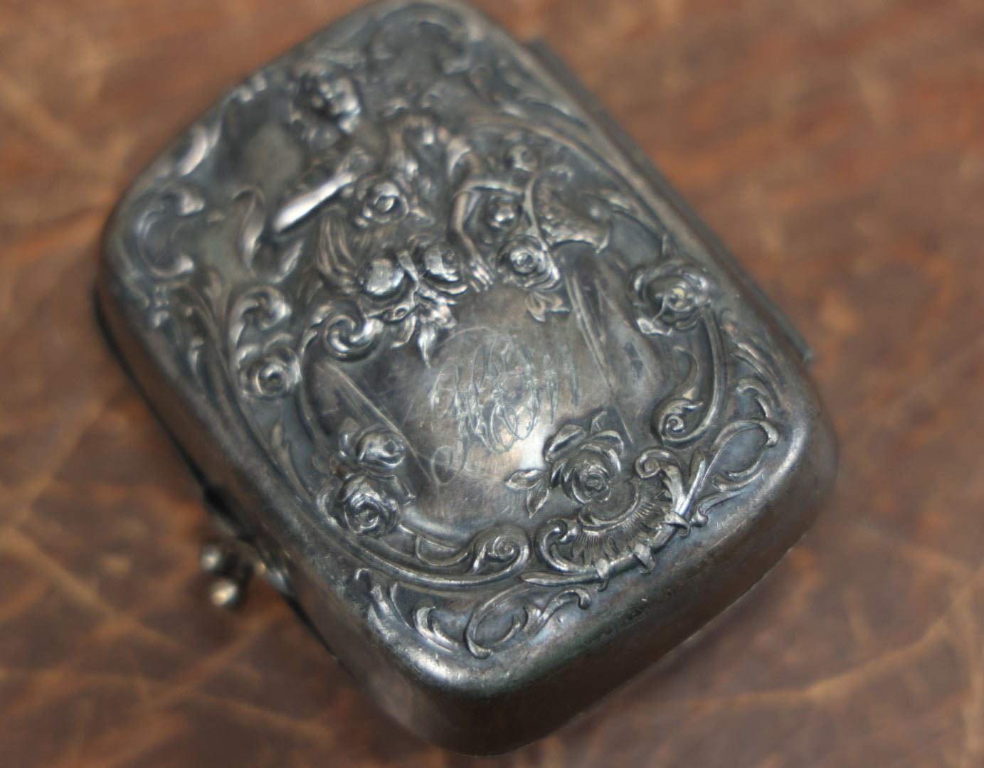 Lot 011 - Antique Art Nouveau Silverplate Soap Box Carrying Case With Beautiful Woman Surrounded By Roses, Monogrammed