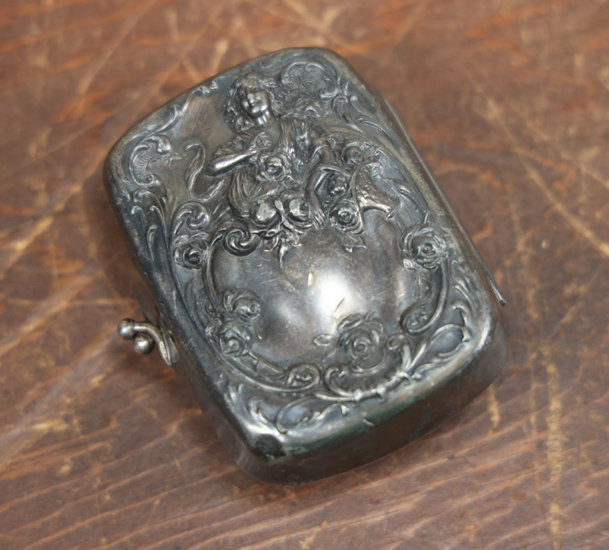 Lot 011 - Antique Art Nouveau Silverplate Soap Box Carrying Case With Beautiful Woman Surrounded By Roses, Monogrammed