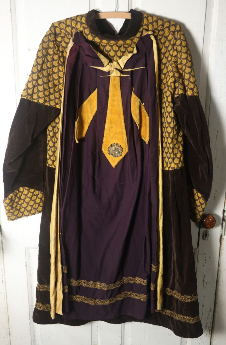 Lot 015 - Antique Fraternal Theatrical Medieval Knight Costume, Brown With Yellow Tunic, Button Enclosure, Cape On Back With Yellow Detail (Approximate Measurements In Description)