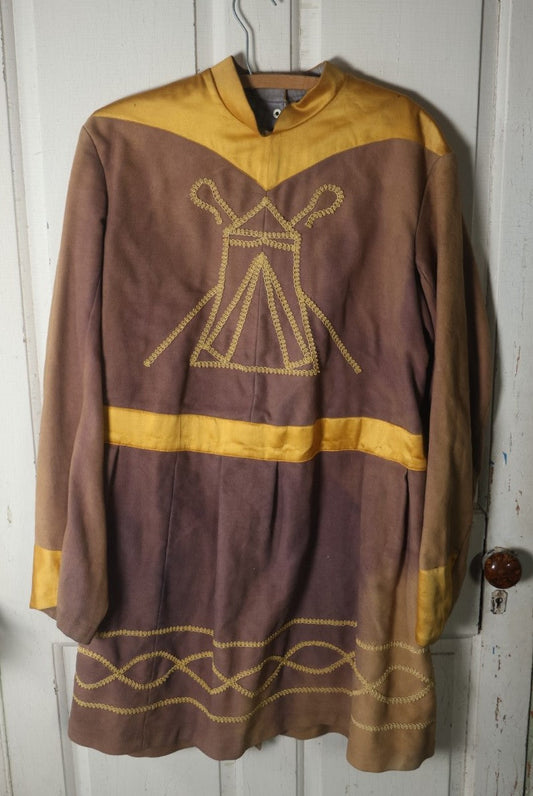 Lot 017 - Antique Fraternal Theatrical "Guard Of Tent" Costume,  Medieval Knight, Brown With Yellow Stitching, By The C.E. Ward Company, New London, Ohio, Uniform And Lodge Goods, Button Enclosure On Back (Approximate Measurements In Description)