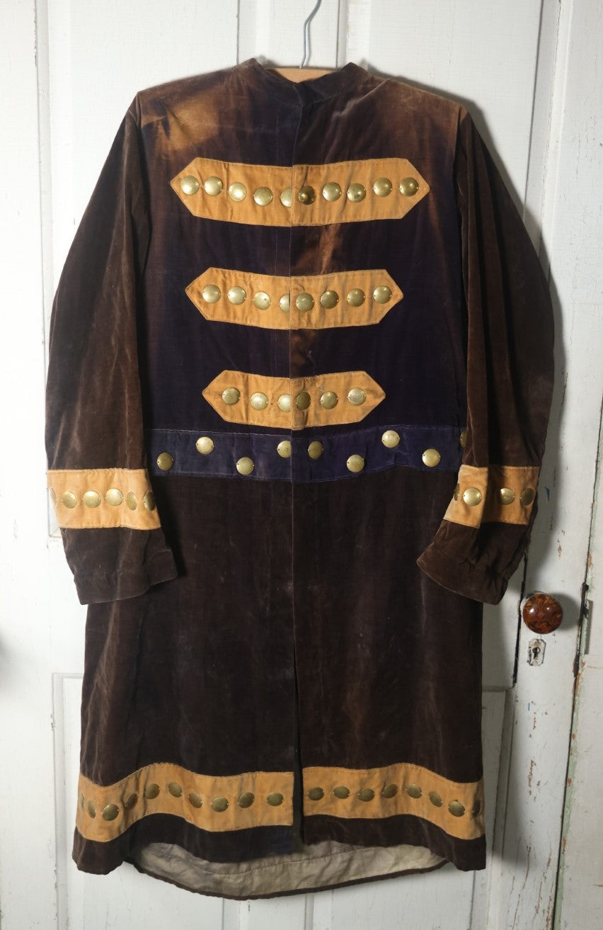 Lot 018 - Antique Fraternal Theatrical "Watch" Costume, Medieval Knight, Dark Brown With Yellow Striping, Many Brass Medallions, Clasp Enclosure, Cape On Back (Approximate Measurements In Description)