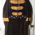 Lot 018 - Antique Fraternal Theatrical "Watch" Costume, Medieval Knight, Dark Brown With Yellow Striping, Many Brass Medallions, Clasp Enclosure, Cape On Back (Approximate Measurements In Description)