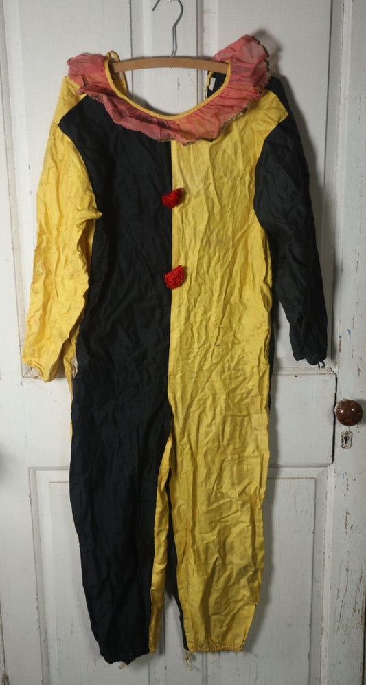 Lot 019 - Antique Yellow And Black Clown Costume With Red Pom Poms, Pink Collar (Approximate Measurements In Description)